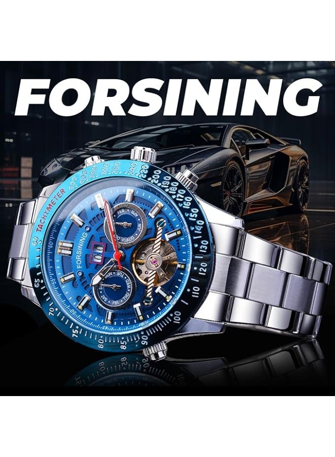 FORSINING Men Tourbillon Mechanical Self-Wind Watch, Day Date Month Full Calendar, Luminous Tachymeter Multifunctional Automatic Watches, Carved Big Dial Stainless Steel Band Wrist Watch - Image 5